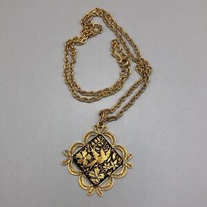 Vintage Damascene flying bird pendant, chain necklace, long.